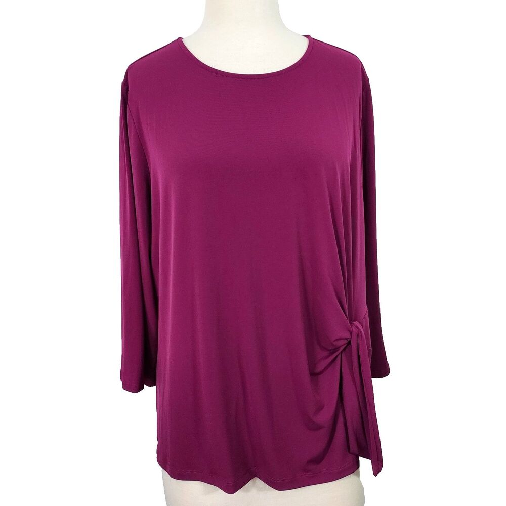 Liz Claiborne Blouse Top 3/4 Sleeve Side Knot Tie Purple Stretch Womens Size XXL